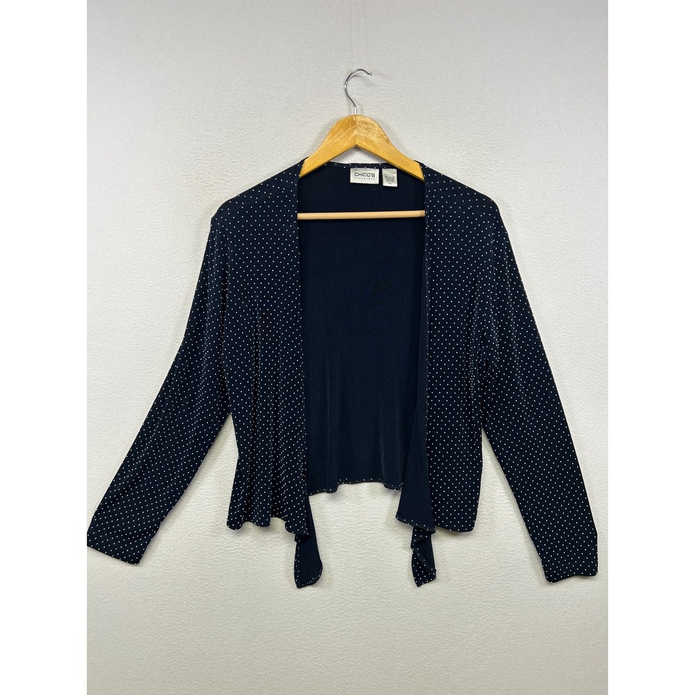 Dark‎ Academia Chico's Travelers Women 1 Navy Polka Dot Open Front Cardigan